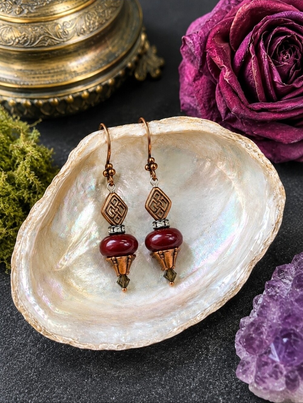 Handmade Carnelian & Crystal Celtic Copper Dangle Earrings